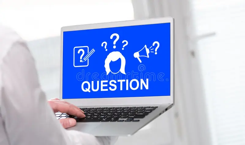 Image of a laptop with a skeptical expression on the screen, surrounded by question marks and caution signs