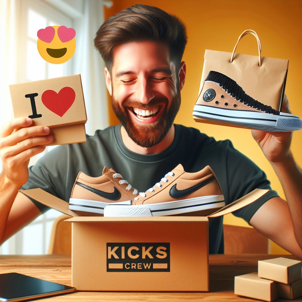 Image of a happy customer unboxing a pair of sneakers from Kicks Crew, emphasizing satisfaction and trust in the brand.