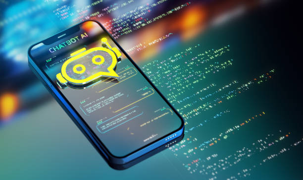 an image of Chatbot powered by AI. Transforming Industries and customer service. Yellow chatbot icon over smart phone in action. Modern 3D render